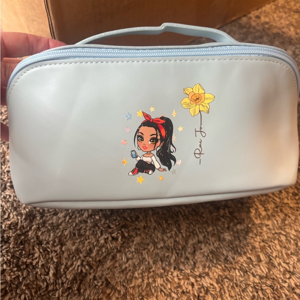 Light Blue Printed Character Cosmetic Pouch with Top Handle